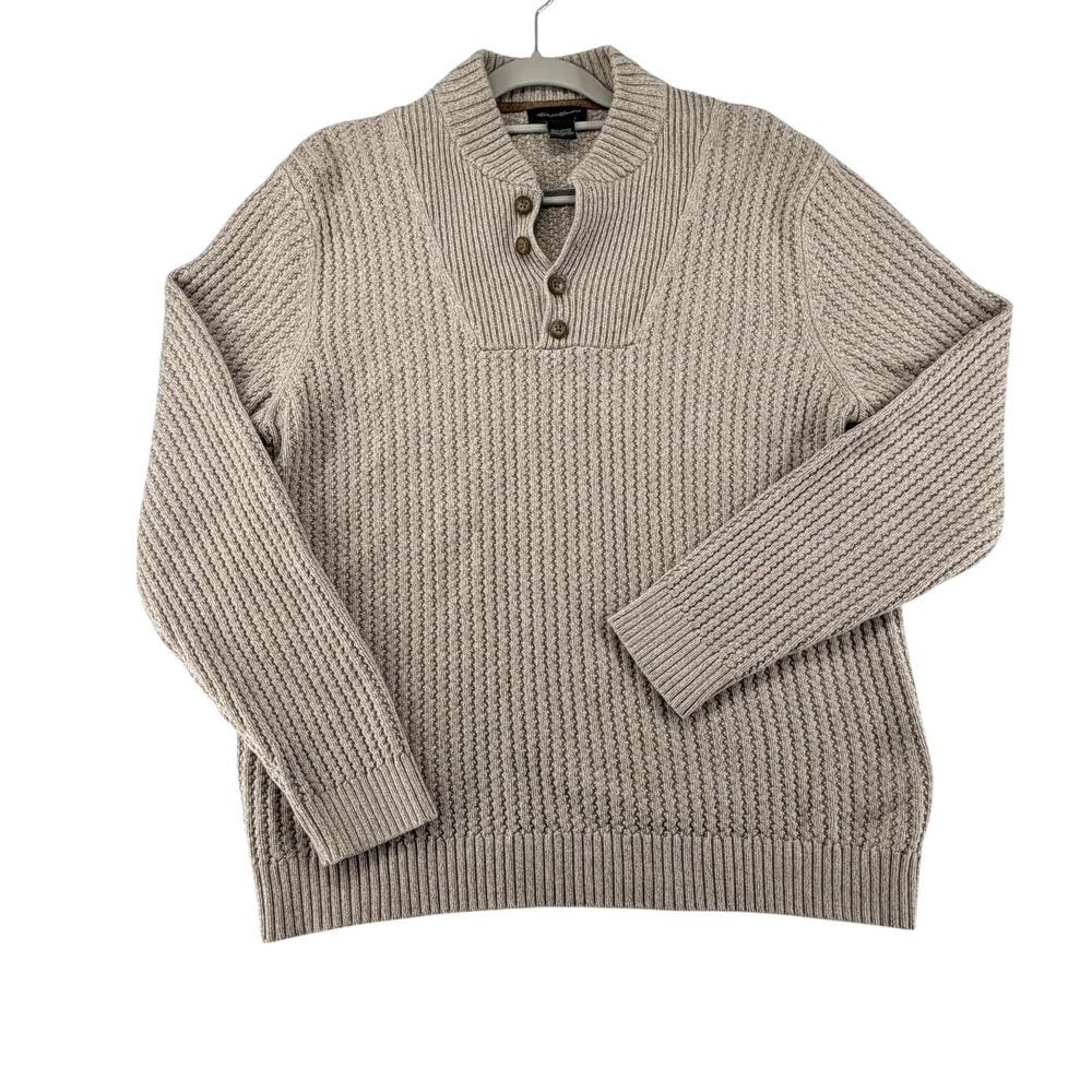 Eddie Bauer Henley Sweater Mens Medium Beige Ribbed Knit 100% Cotton Pullover